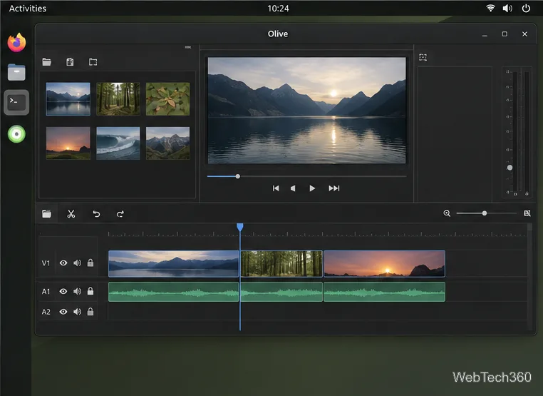 The Olive video editor open with a media bin, preview monitor, and timeline.