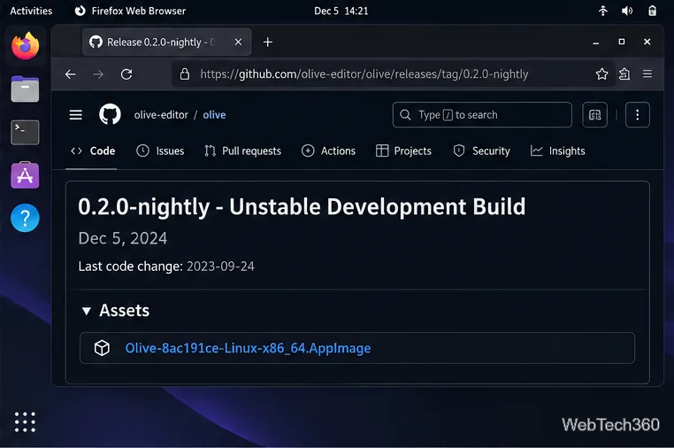 The Olive GitHub release page showing the 0.2.0-nightly label and Linux x86_64 AppImage asset.