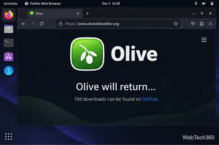 The Olive project website showing its notice that the editor will return and that older downloads are on GitHub.