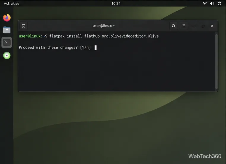 A Linux terminal asking to confirm installation of org.olivevideoeditor.Olive from Flathub.