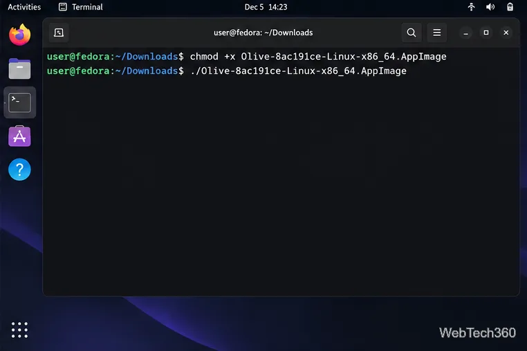 A Linux terminal showing the chmod and launch commands for the Olive AppImage.
