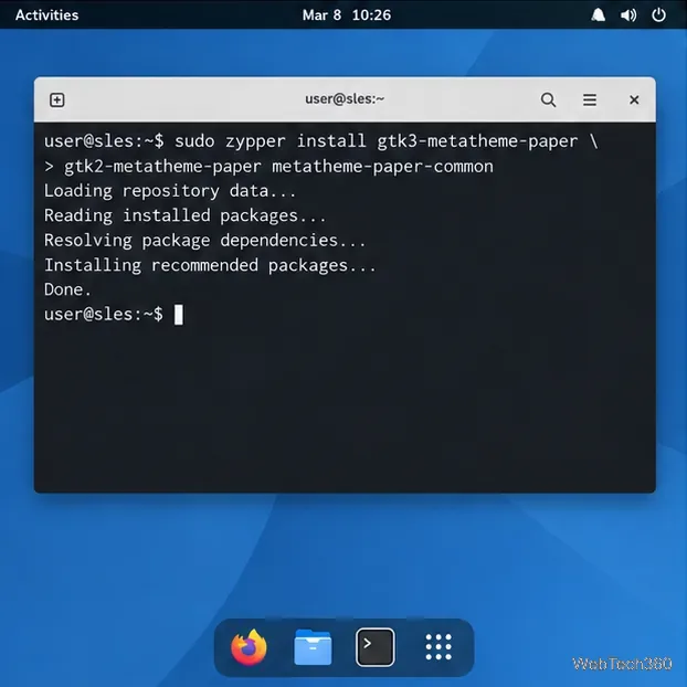 A SUSE Linux Enterprise terminal showing zypper installing the Paper GTK metatheme packages.