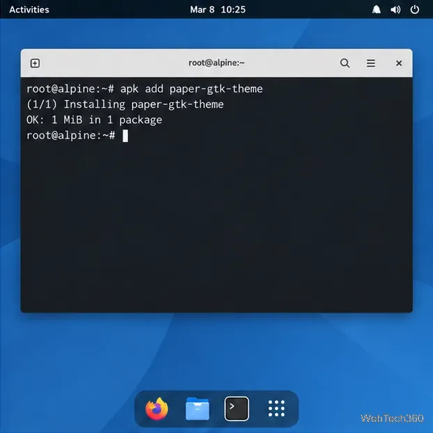 An Alpine Linux terminal showing the apk add paper-gtk-theme command.
