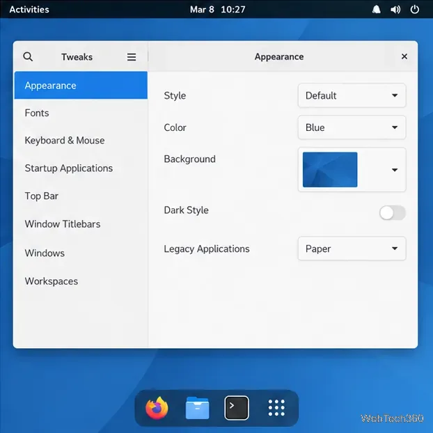 GNOME Tweaks Appearance settings with Paper selected for Legacy Applications.