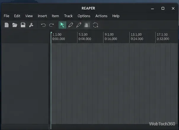 В Linux открывается окно цифровой звуковой рабочей станции REAPER с пустым окном многодорожечной аранжировки.