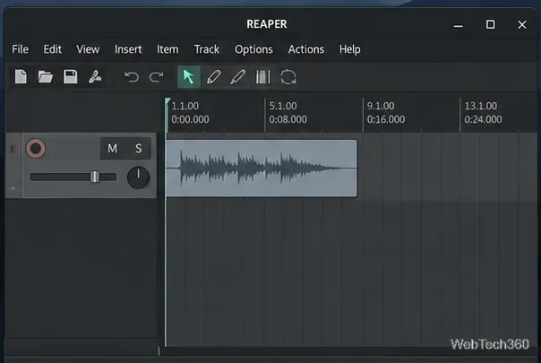 Окно настройки REAPER с одной звуковой дорожкой и элементом волновой формы, готовое для проверки воспроизведения.