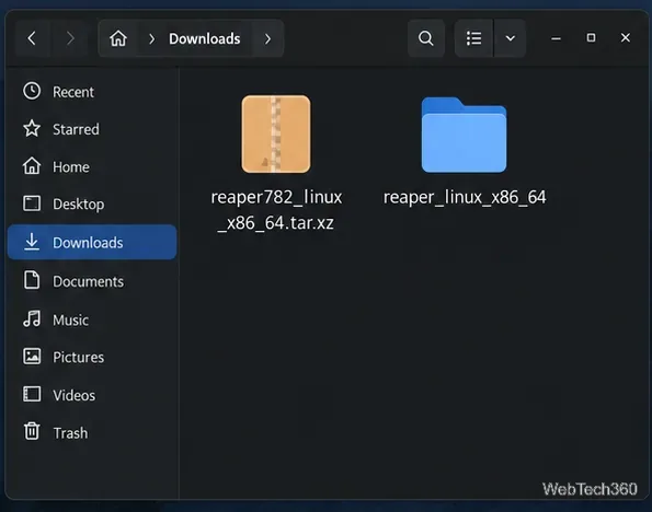 Папка Linux Downloads, содержащая архив REAPER .tar.xz, а также извлеченную папку reaper_linux_x86_64.
