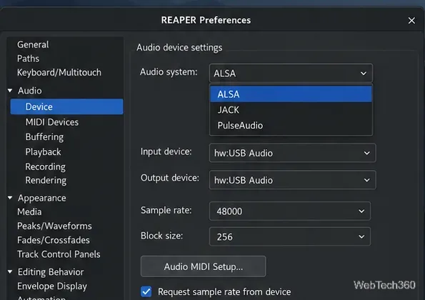 В настройках REAPER в разделе «Аудиоустройства» указаны ALSA, JACK и PulseAudio в качестве аудиосистем.