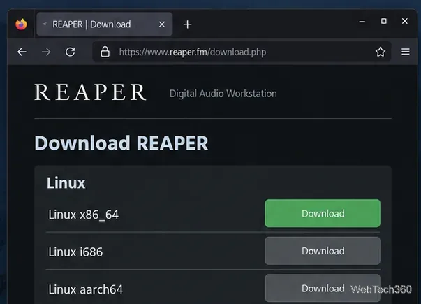 Раздел Linux на странице загрузки REAPER, содержащий список сборок для Linux x86_64, i686 и aarch64.