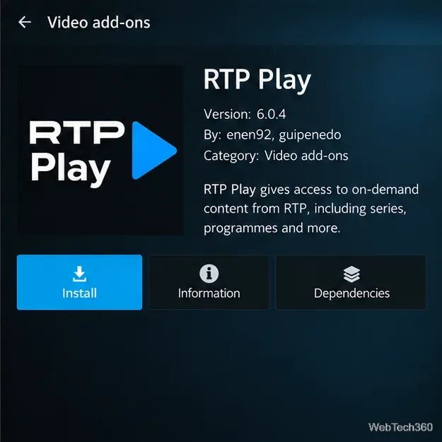 KodiのRTP Playアドオンの詳細ページで、インストールボタンが選択されている状態。