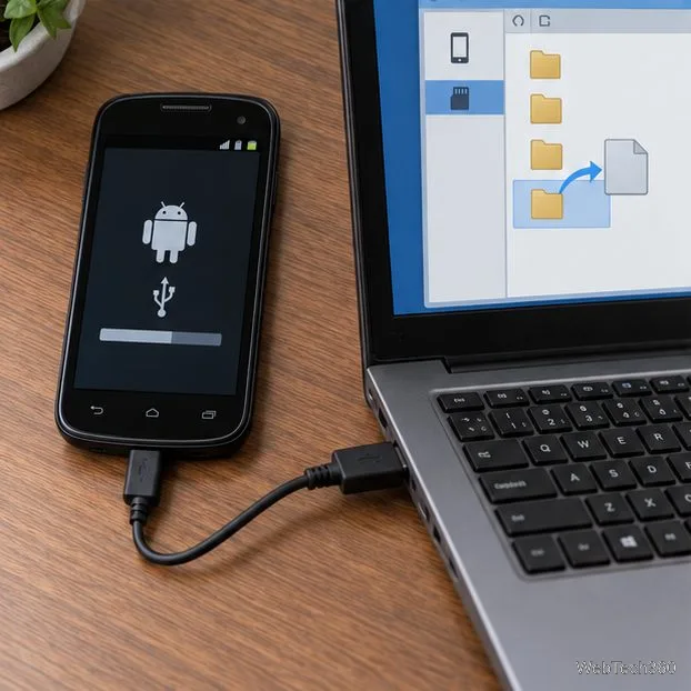 Устаревший Android-телефон, подключенный к ноутбуку через USB, во время передачи файла пакета в память устройства.