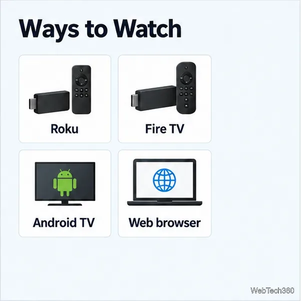 Макет страницы «Способы просмотра» на USTVNow с плитками устройств для Roku, Fire TV, Android TV и веб-браузера.