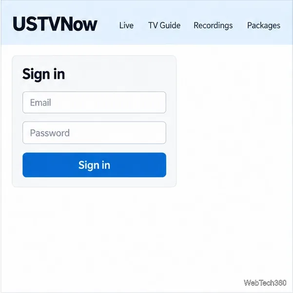Макет страницы входа в учетную запись USTVNow с пустыми полями для электронной почты и пароля, без ввода учетных данных.