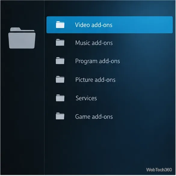 Список категорий репозитория Kodi с выбранными видеодополнениями.