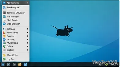 アプリケーションメニューが開いてカテゴリが表示されているXfceデスクトップ