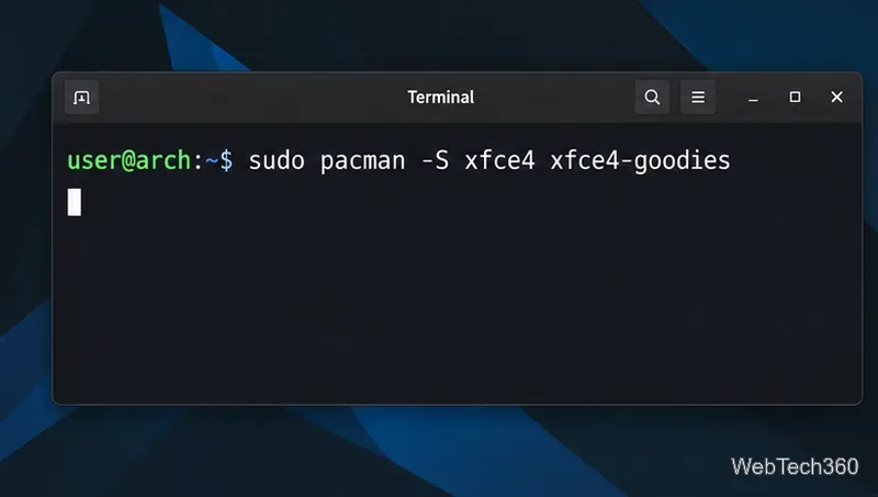 Arch Linuxのターミナルにsudo pacman -S xfce4 xfce4-goodiesと表示されている。