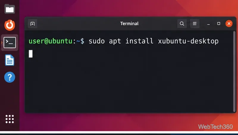 Ubuntuターミナルにsudo apt install xubuntu-desktopコマンドが表示されている。