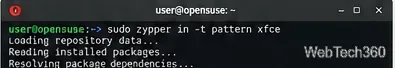 openSUSEのターミナルにsudo zypper install -t pattern xfceと表示されている