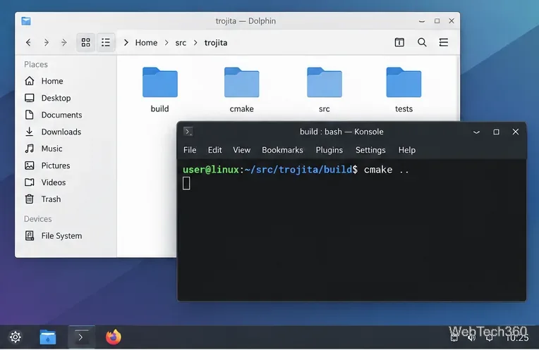 A terminal running cmake .. from the Trojitá build directory.