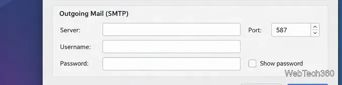 Trojitá account settings with blank fields for the outgoing SMTP server, port, username, and password.