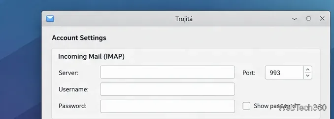 Trojitá account settings with blank fields for the incoming IMAP server, port, username, and password.