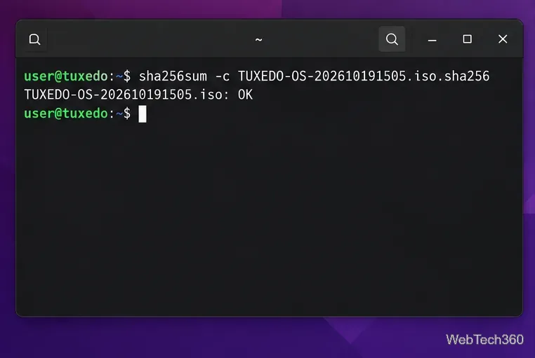 Ilustração de um terminal Linux mostrando o comando sha256sum validando o checksum de uma imagem ISO do TUXEDO OS e retornando "OK".