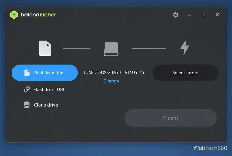 Uma janela ilustrada do balenaEtcher com o Flash selecionado a partir de um arquivo e a ISO atual do TUXEDO OS escolhida como fonte.