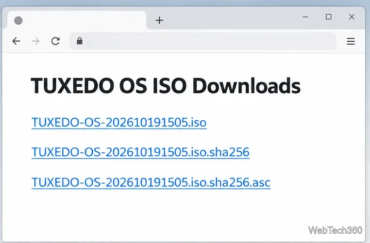 Uma página ilustrada para download do TUXEDO OS, listando a imagem ISO e seus respectivos arquivos SHA256 e de assinatura.