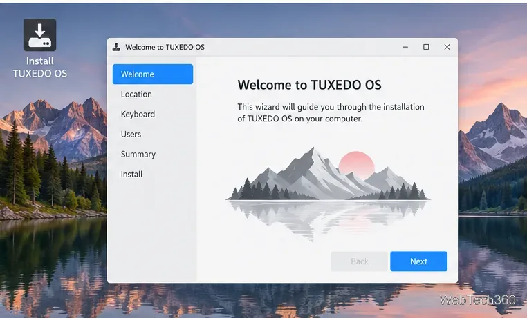 Uma área de trabalho ilustrada do TUXEDO OS em execução, com o iniciador "Instalar TUXEDO OS" e um assistente de instalação mostrando a localização, o teclado, o usuário, o resumo e as etapas de instalação.