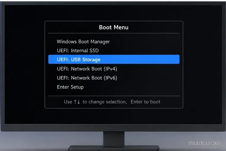 Um menu de inicialização UEFI genérico com a opção de armazenamento USB UEFI destacada acima da unidade interna.