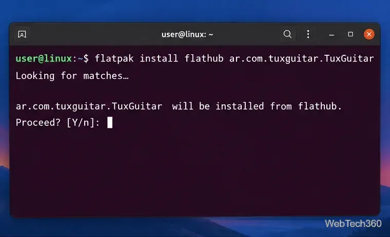 Linux terminal prompting to install the TuxGuitar Flatpak from Flathub