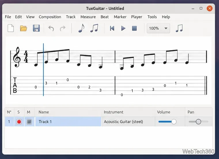 TuxGuitar main window on Linux with standard music notation, guitar tablature, and a guitar track