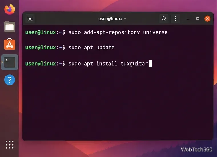 Ubuntu terminal showing commands to enable Universe, update APT, and install the tuxguitar package