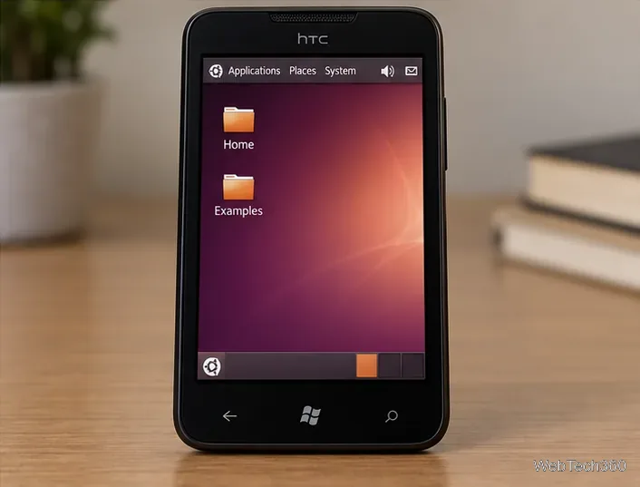 Концептуальное изображение устаревшего рабочего стола Ubuntu на HTC HD2 после загрузки с карты microSD.