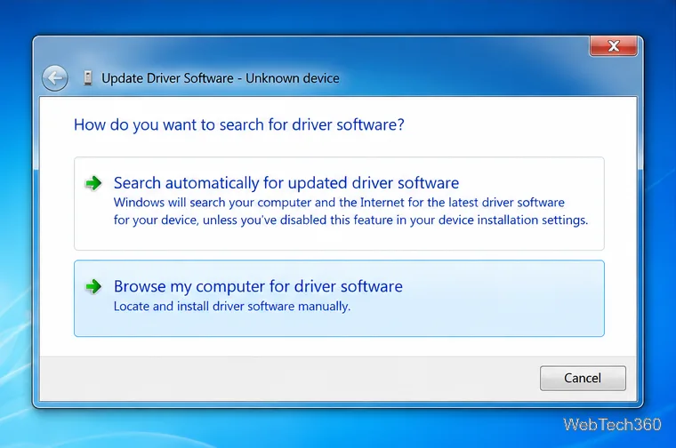 Windows 7 Update Driver Software wizard with Browse my computer for driver software selected