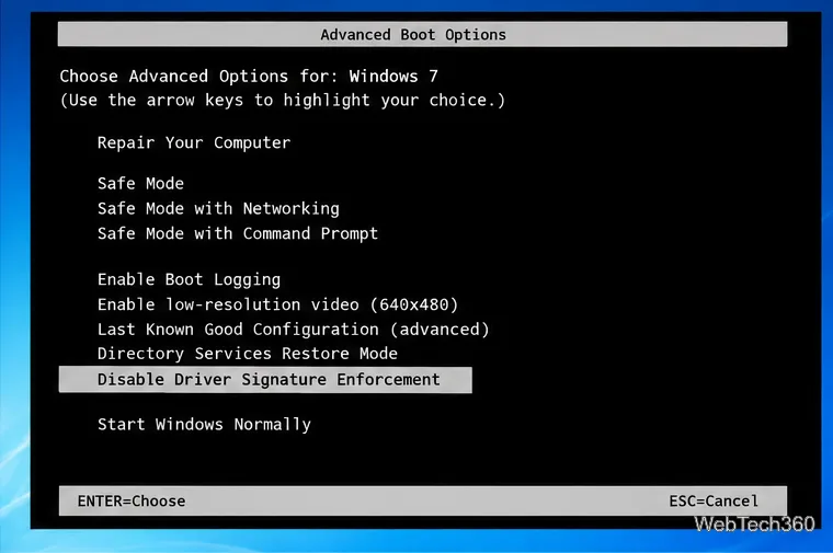 Windows 7 Advanced Boot Options menu with Disable Driver Signature Enforcement highlighted