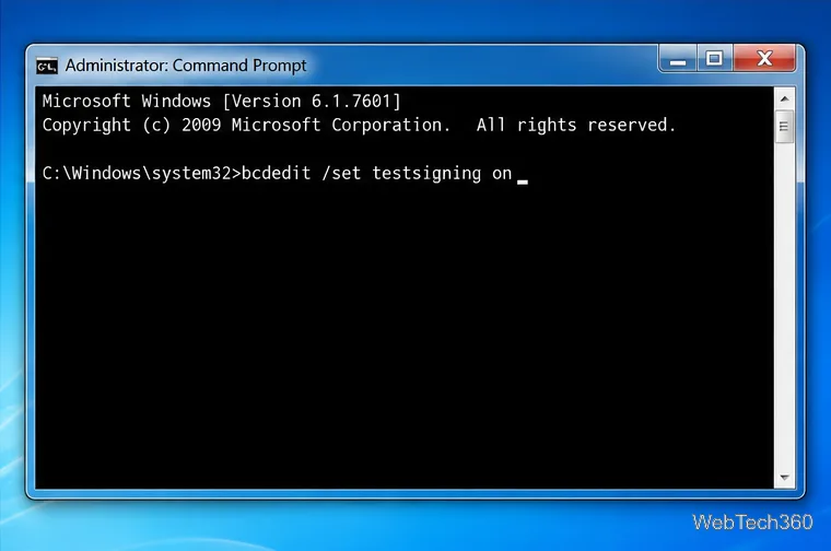 Elevated Windows 7 Command Prompt with the testsigning command typed at the prompt