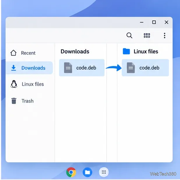 Приложение ChromeOS Files копирует пакет code.deb из папки «Загрузки» в папку «Файлы» Linux.