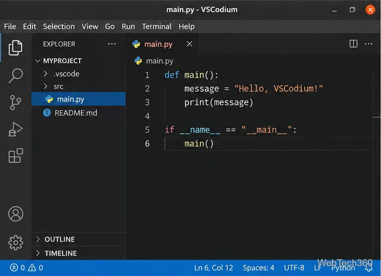 VSCodium editor on Linux with a Python file open in the project explorer
