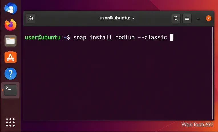 Linux terminal showing sudo snap install codium --classic