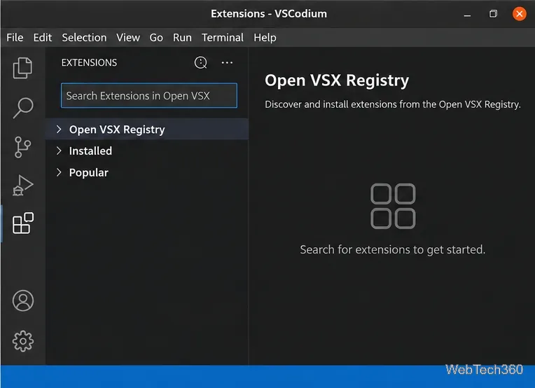 VSCodium Extensions view showing the Open VSX Registry search interface