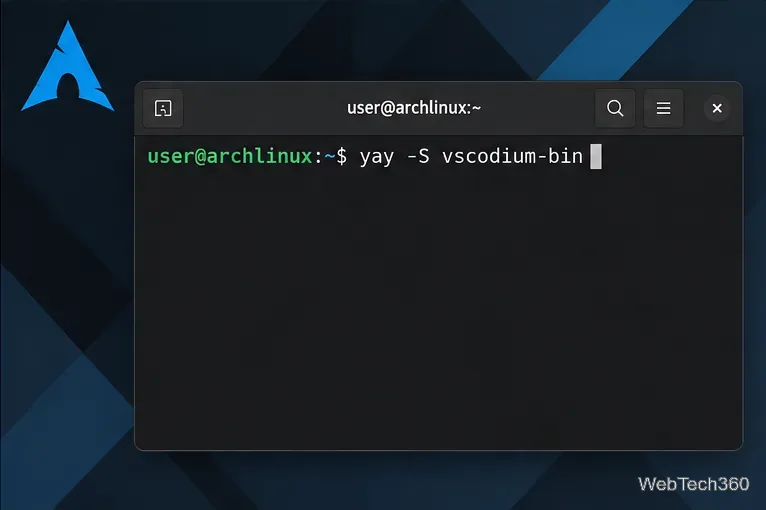 Arch Linux terminal showing yay -S vscodium-bin