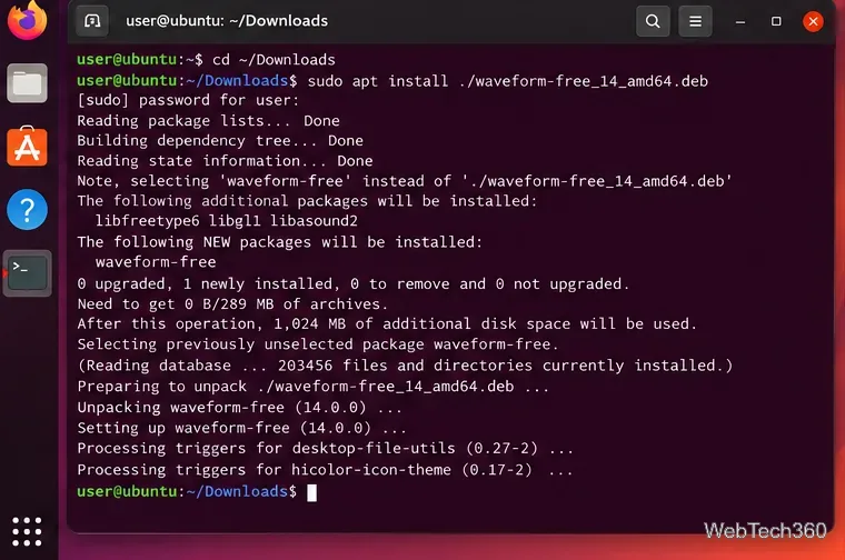 Terminal installing the downloaded Waveform package with apt on Ubuntu