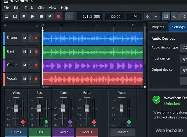 Waveform 14 workspace with the Settings area used for first-run audio configuration