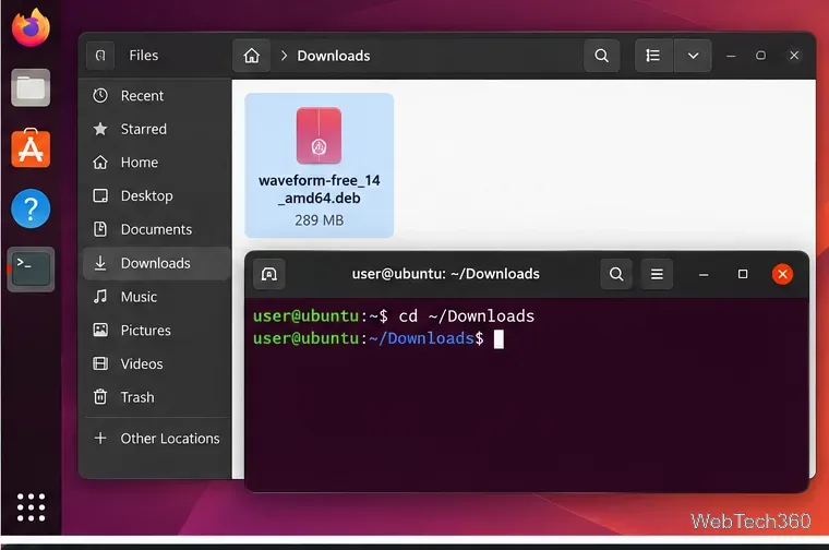 Linux Downloads folder with the Waveform installer and a terminal ready to install it