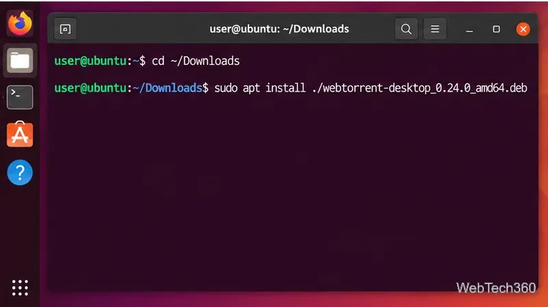 Ubuntu Terminal showing the apt command used to install the WebTorrent Desktop DEB package