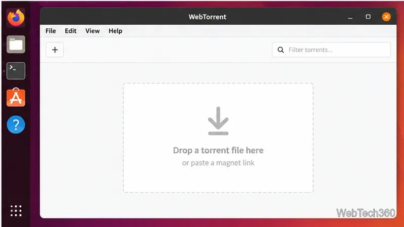 WebTorrent application window on Ubuntu with an empty drop area for a torrent file or magnet link
