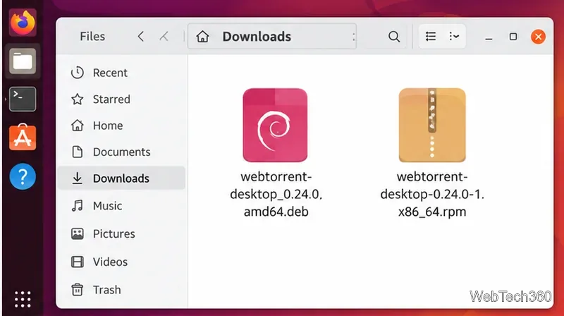 Ubuntu Downloads folder showing WebTorrent DEB and RPM package files