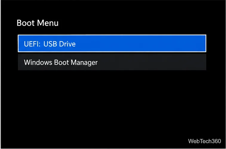 Меню загрузки UEFI с выбранным USB-накопителем UEFI выше диспетчера загрузки Windows.