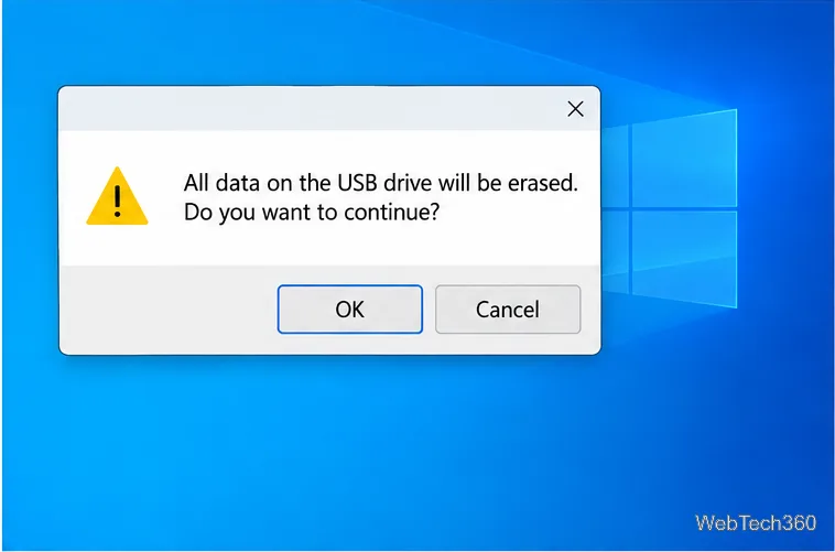 Диалоговое окно подтверждения Rufus предупреждает о том, что все данные на USB-накопителе будут стерты.